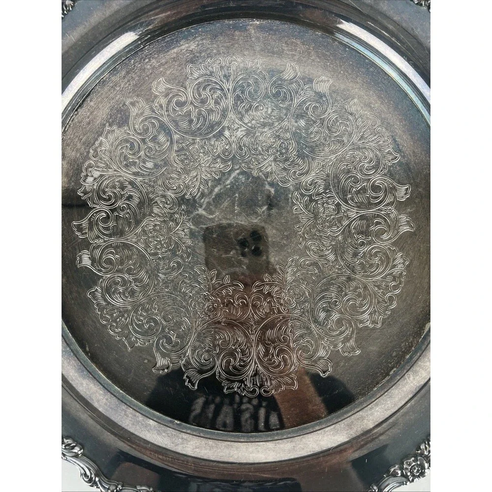 Vintage Silver-Plated Serving Tray Round Ornate Rim Engraved April 1976